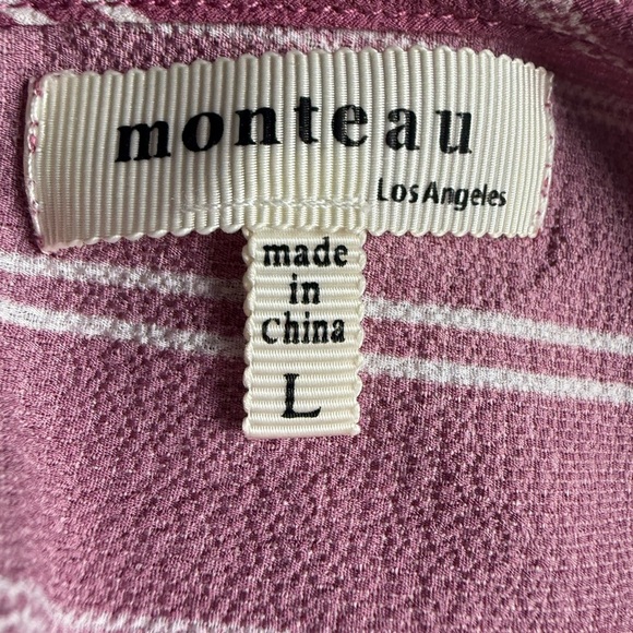 Monteau Women’s Pink White Striped Wide Leg Slit Jumpsuit Size L Short Sleeve - Picture 11 of 13